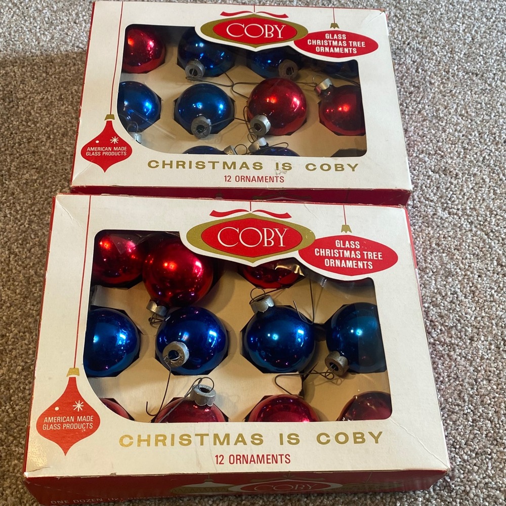 Vintage Coby Glass Christmas Ornaments Red Blue Made in USA Set of 23 with Box